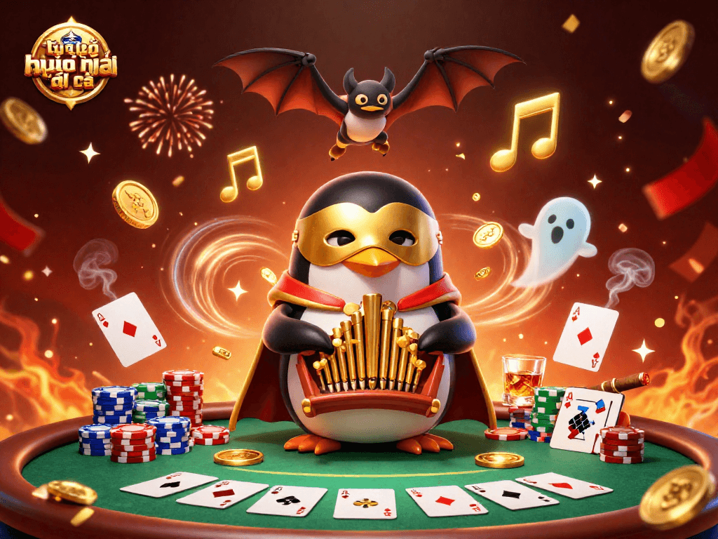 Engaging illustration of tỷ lệ kèo nhà cái featuring a penguin organist, poker elements, and gold coins.