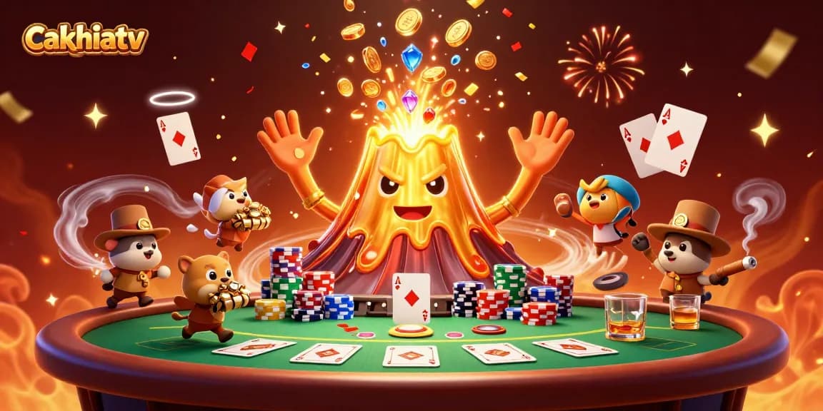 Cakhiatv engages players with a vibrant 3D eruption of treasures and poker elements in a dynamic casino scene.