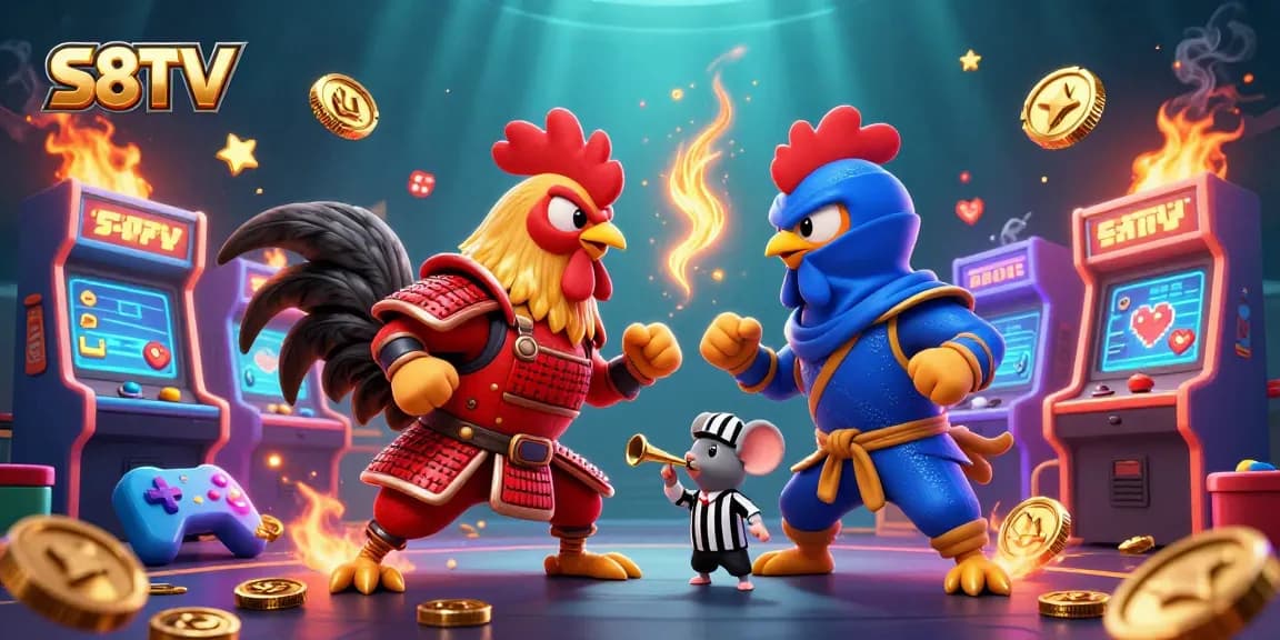 S8TV showcases a fierce duel between cartoon roosters in samurai and ninja outfits within a dynamic gambling arcade scene.