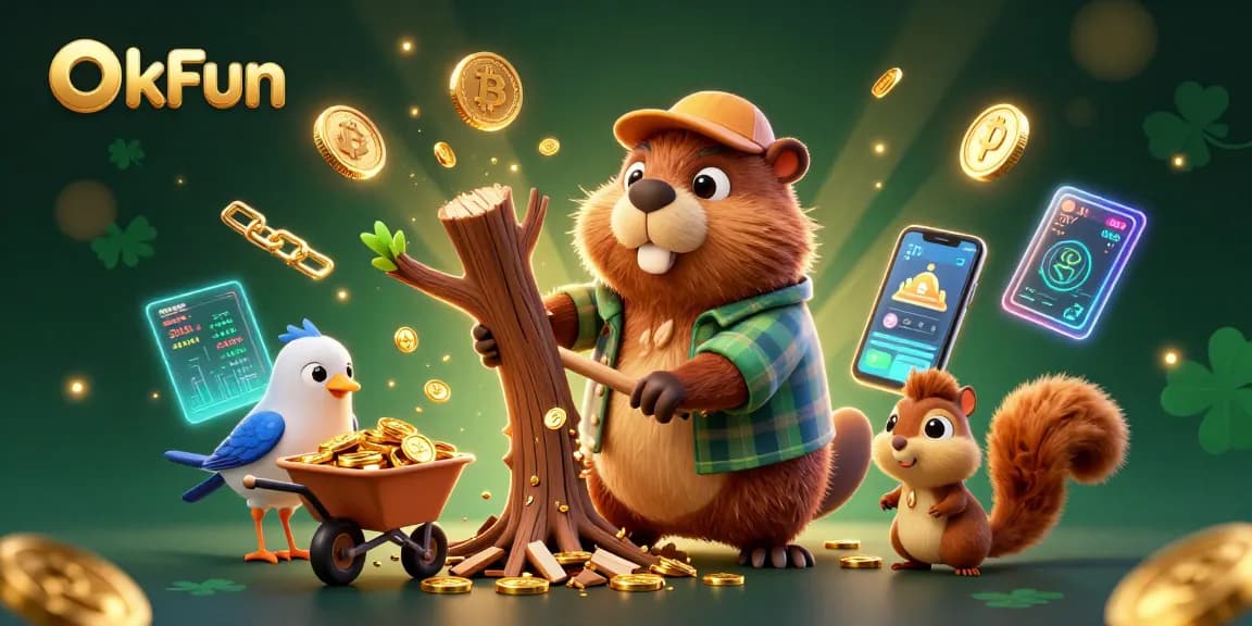 Experience thrilling wins at OkFun with cartoon characters in a vibrant casino-themed illustration.