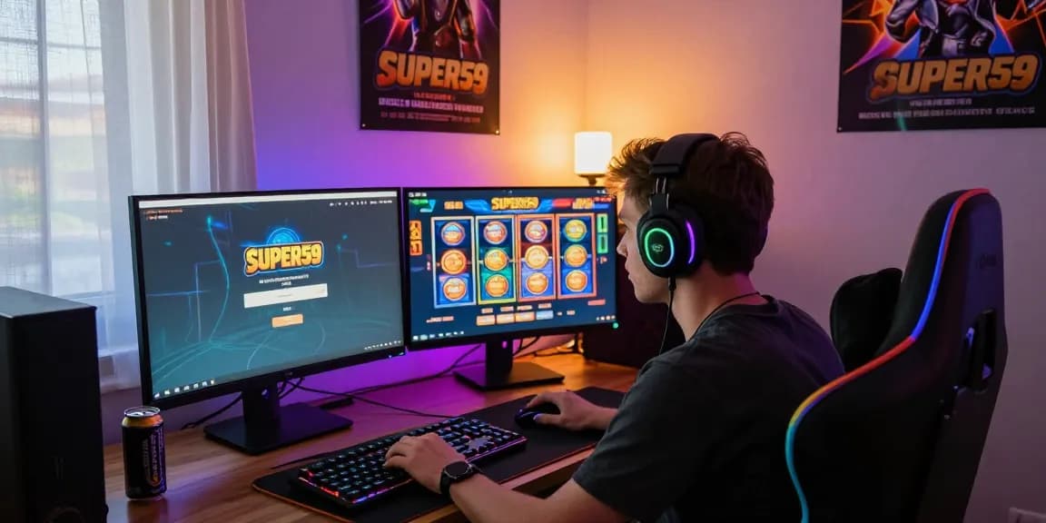 Super59 login yang nyaman di rumah dengan setup gaming yang menyenangkan.