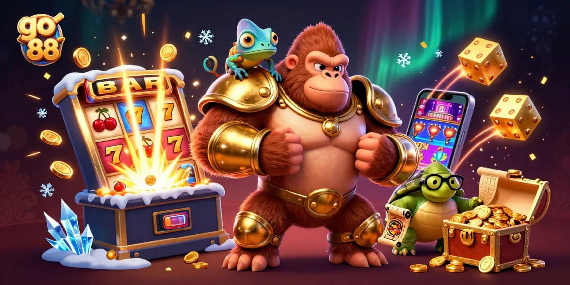 Experience go 88 excitement with a powerful gorilla king in gold battle armor and an interactive jackpot scene.