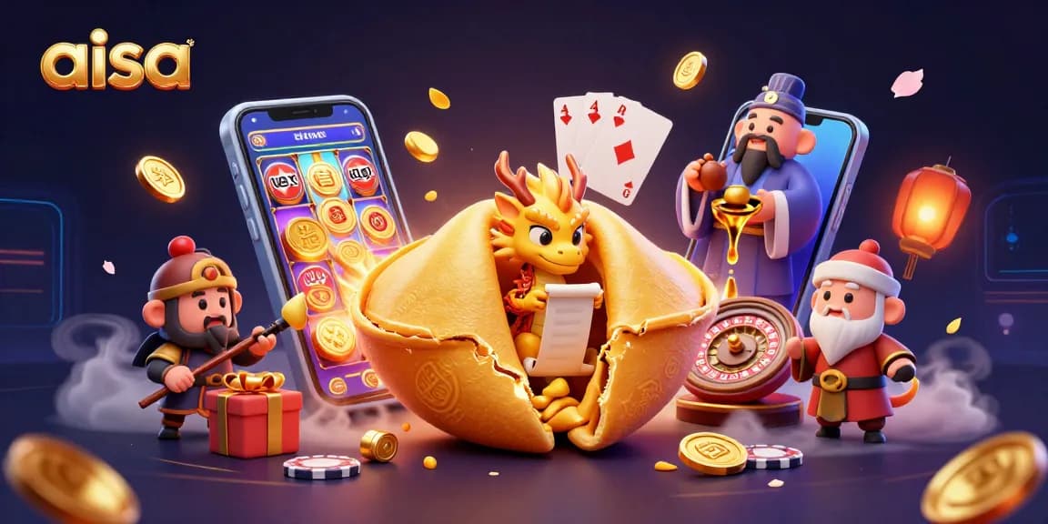Engage with the vibrant aisa online casino scene featuring a fortune cookie and a wise dragon amidst games and gold.
