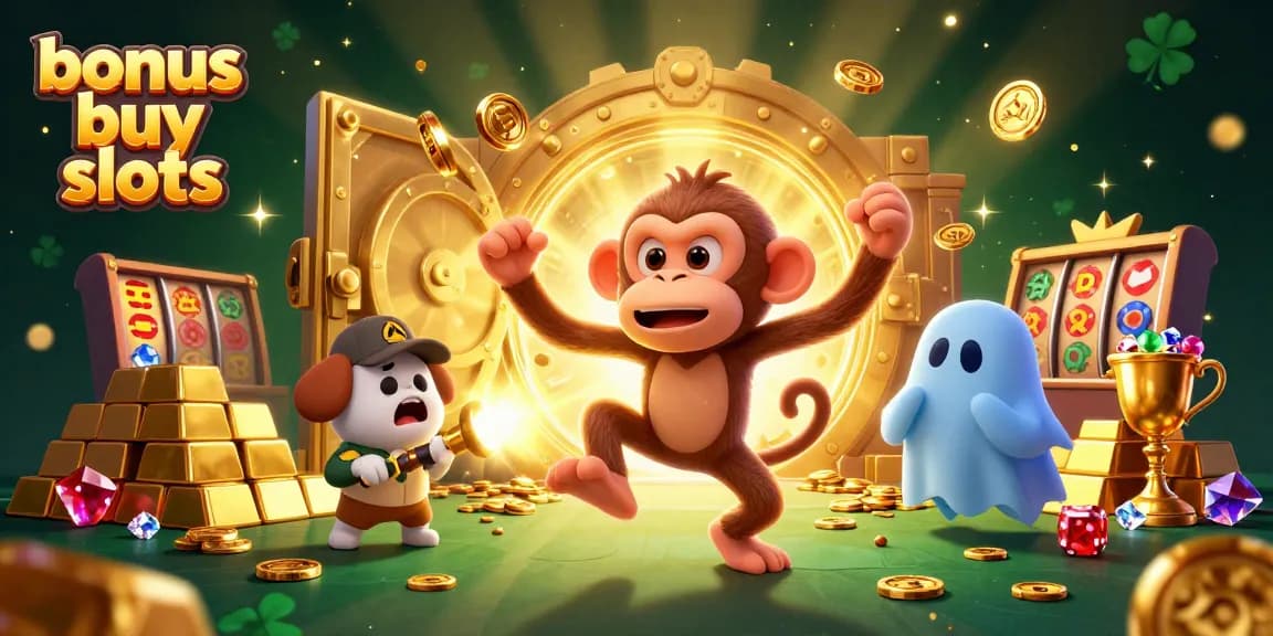 Engage with bonus buy slots, where a mischievous monkey juggles coins and a curious puppy tracks it in a lively casino scene.