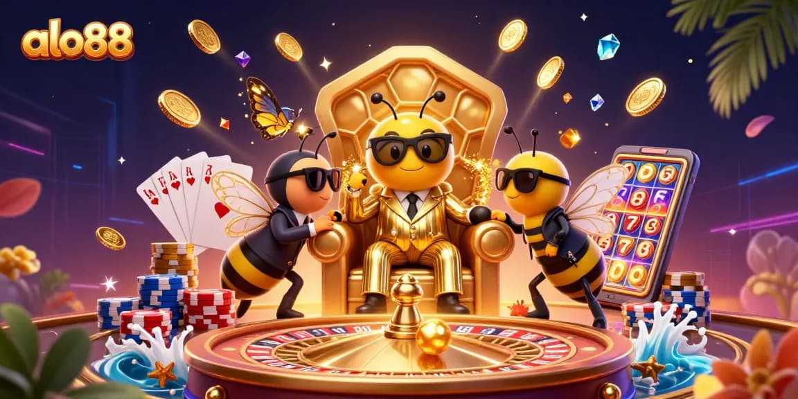 Alo88 casino game scene displaying a bumblebee mob boss and bodyguards amidst animated coins and a roulette wheel.