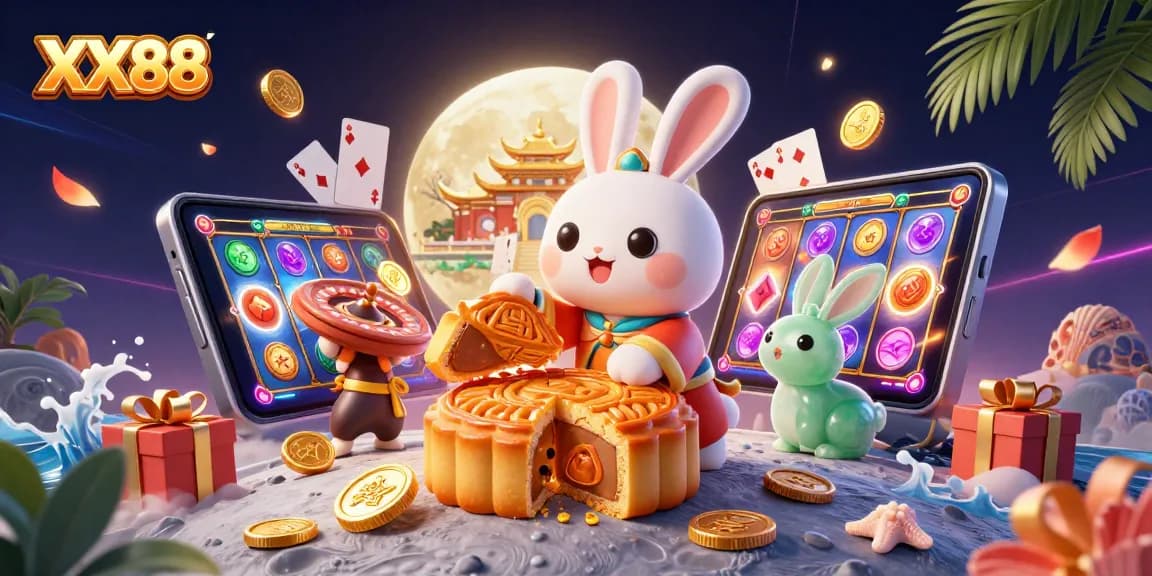 Play in the exciting world of XX88, where the moon rabbit unleashes poker chips from golden mooncakes amidst vibrant casino elements.