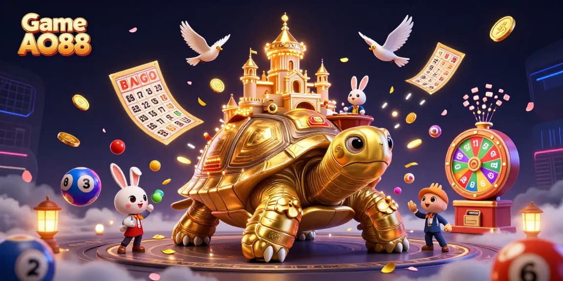 Join the excitement of Game AO88 with a vibrant casino scene featuring a golden tortoise, lively dealer, and dazzling game elements.