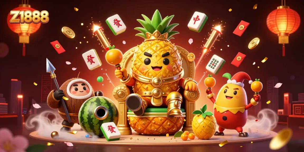 Experience the thrill of Z1888 as the golden pineapple king reigns over a vibrant casino scene.