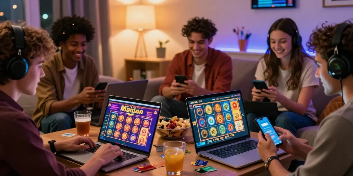Friends enjoying online gaming at home, highlighting credit card casinos UK experience.