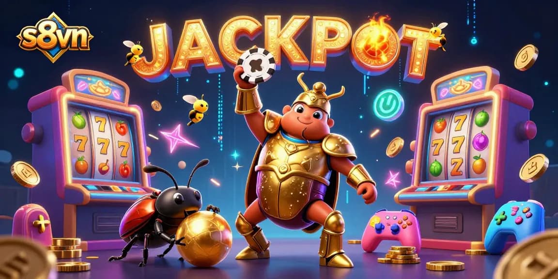 Experience the thrill at s8vn with a cartoon beetle winning big, surrounded by dazzling slot machines and fireworks.