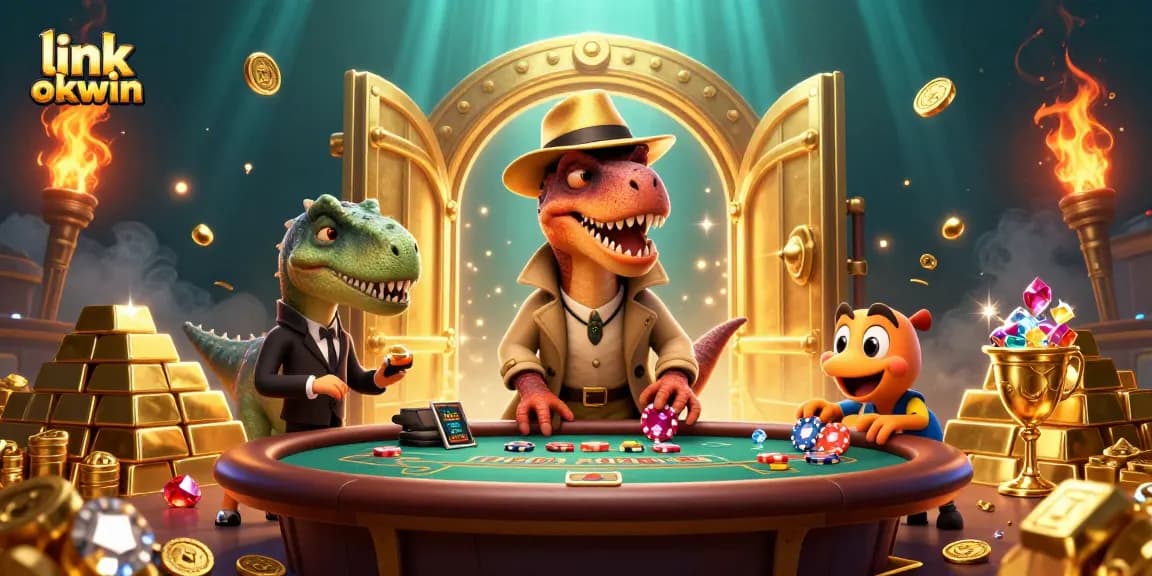 Engage in thrilling gaming with link okwin, showcasing a humorous velociraptor at a blackjack table.