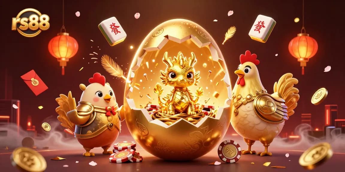 Experience the vibrant world of rs88 with a golden dragon guarding poker chips amidst lively casino elements.