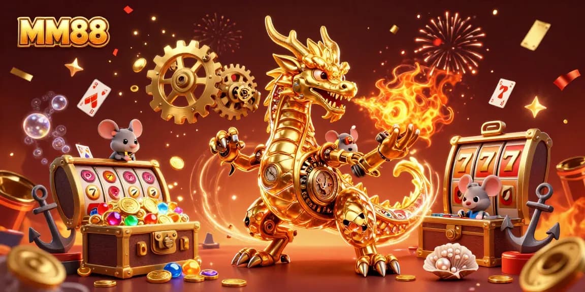 Engage with MM88 in a dynamic 3D casino scene featuring a golden dragon and exciting gaming elements.