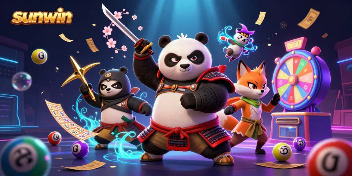 Experience excitement with sunwin as vibrant lottery balls and golden prizes swirl around dynamic characters.