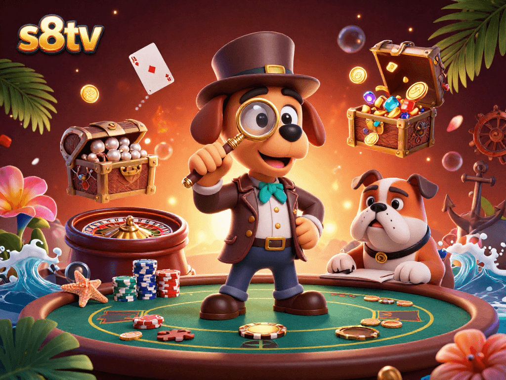 S8tv showcases a 3D cartoon detective unraveling poker mysteries with engaging casino elements