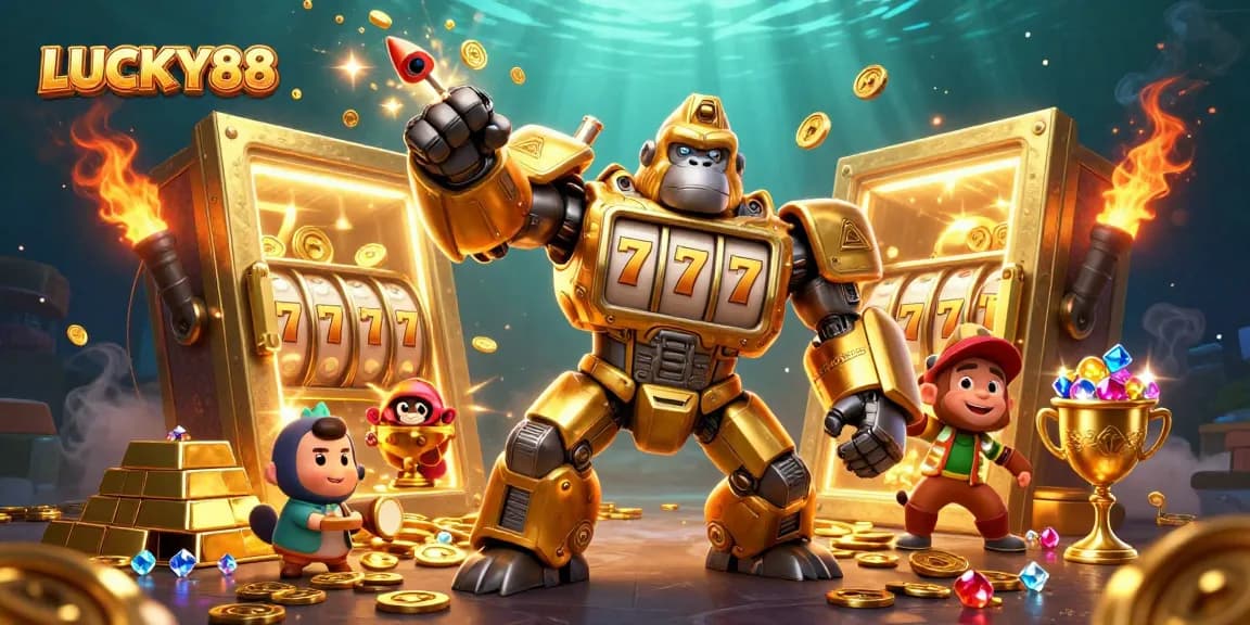 Win big with LUCKY88 as a golden gorilla mech unleashes exciting slot action!