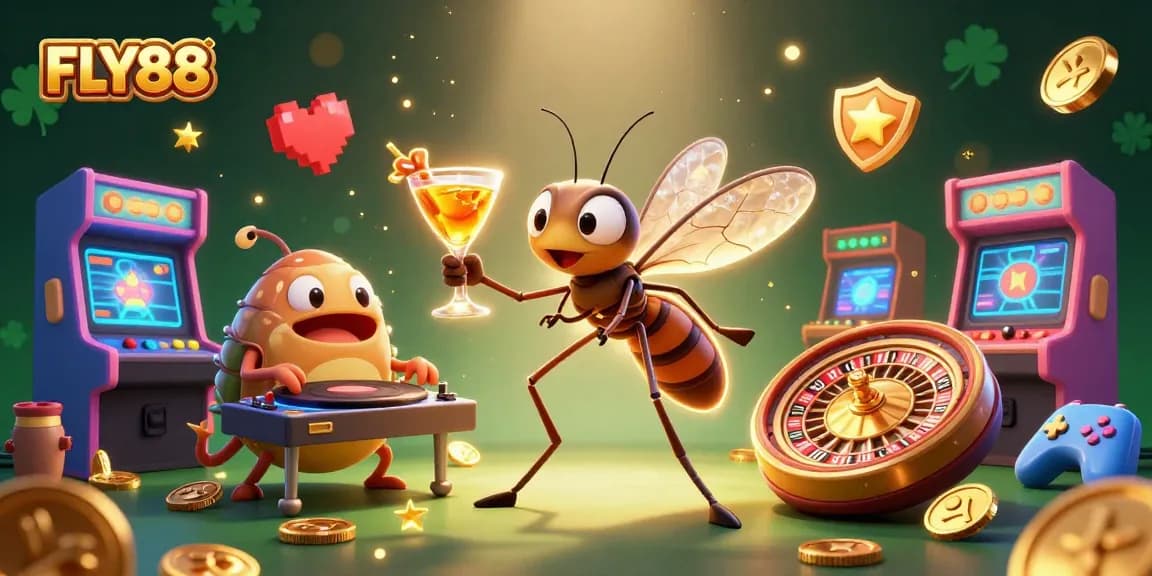 Experience the excitement of FLY88 with dynamic characters and engaging casino elements in a rich 3D illustration.