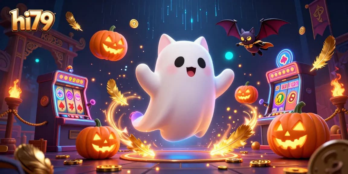 Experience thrilling casino adventures with hi79 featuring a ghost cat and glowing jack-o-lanterns.
