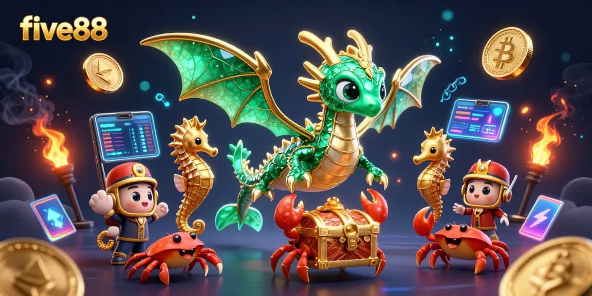 Engage with five88's vibrant casino scene featuring a leafy sea dragon, treasure chest, and crypto elements.