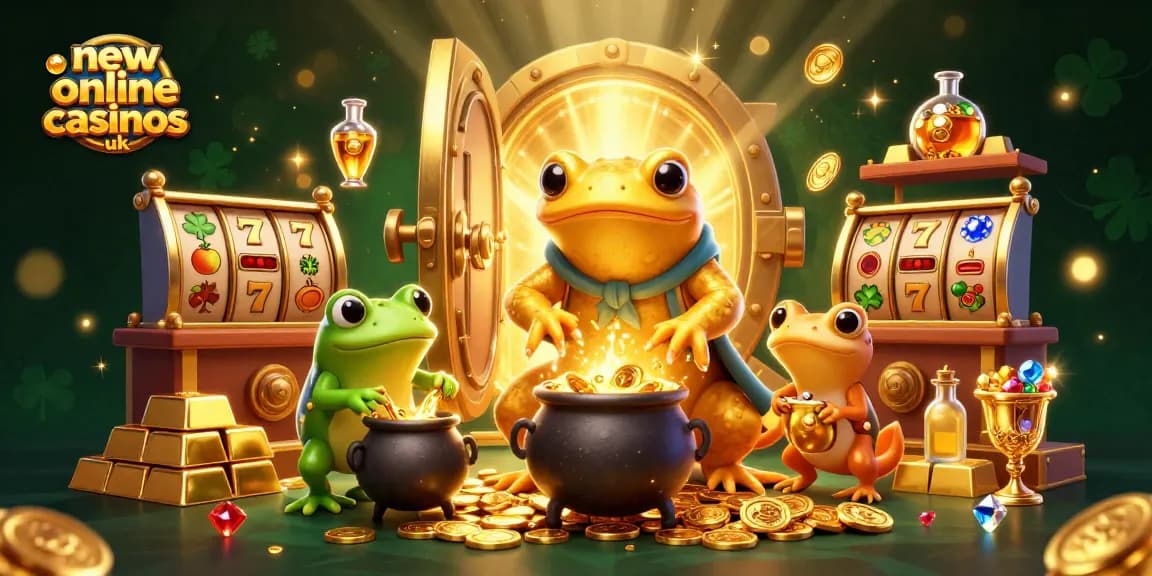 Experience new online casinos uk with a vibrant 3D scene of alchemists creating gold amidst casino elements.