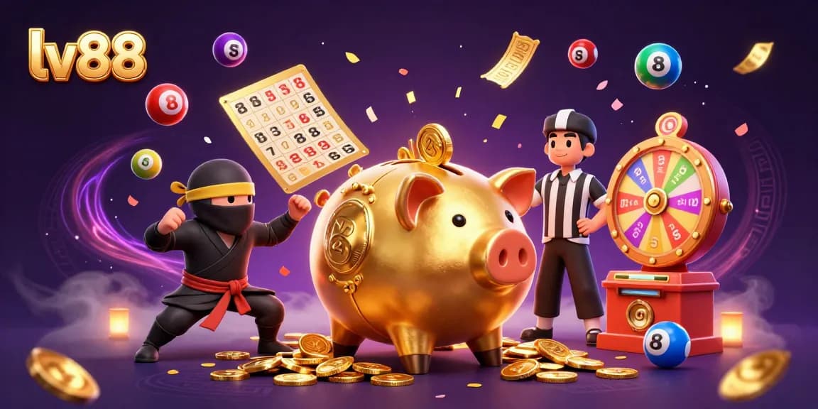 Experience thrilling gaming action at lv88 with a golden piggy bank sumo wrestler amidst vibrant lottery elements.
