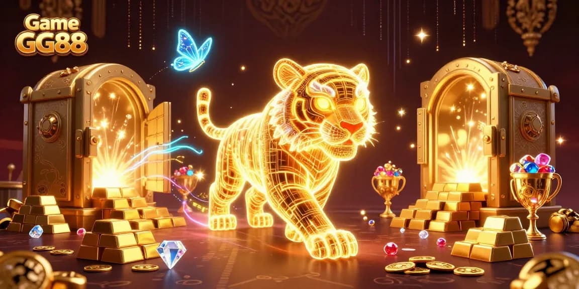 Engage with Game GG88's vibrant digital casino, featuring neon creatures amidst a treasure filled landscape.
