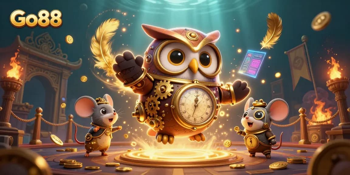 Go88 features an exciting 3D illustration of a time-traveler owl amidst vibrant casino elements, perfect for gamers.