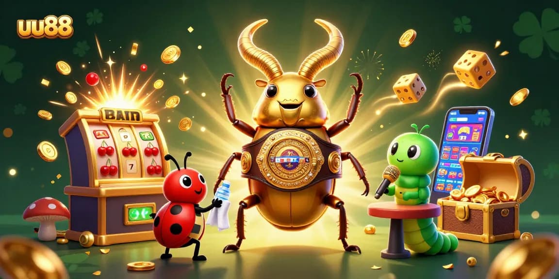 Experience the thrill of uu88 gaming with a lively 3D illustration showcasing vibrant characters and casino elements.