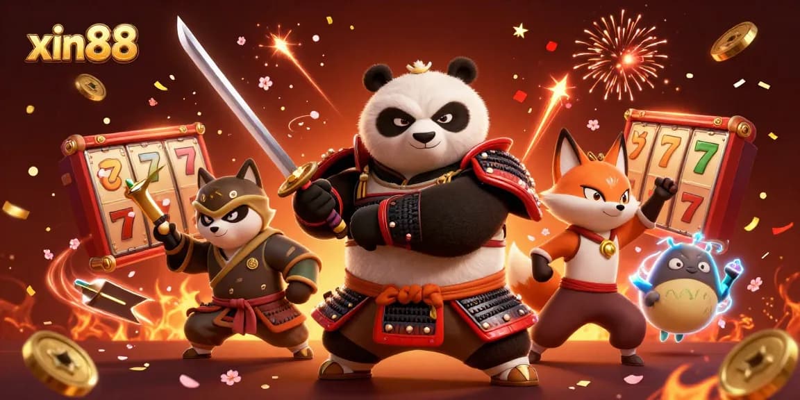 Win big at xin88 with a dynamic casino scene featuring samurai panda, ninja fox, and exciting slot reels.