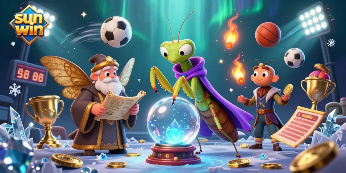 Experience sun win's thrilling gameplay with cartoon characters predicting fortune in a vibrant casino scene.