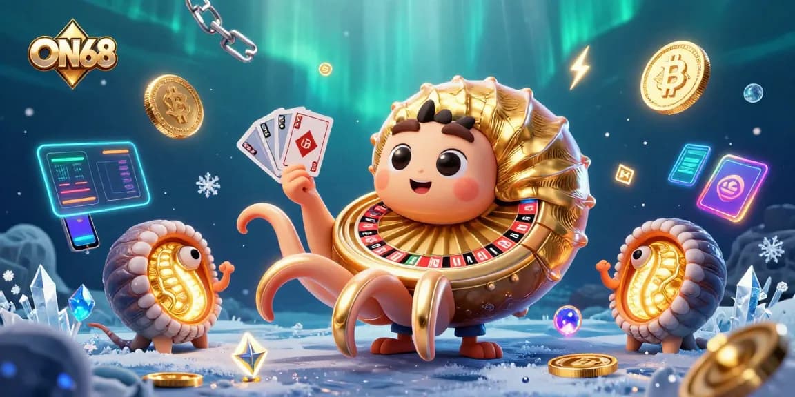 Engage with ON68 in this vibrant casino scene featuring 3D nautilus roulette and glowing crypto symbols.