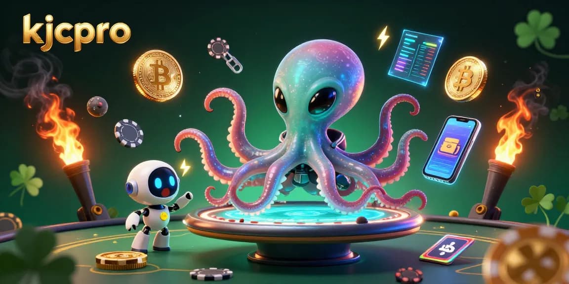 Kjcpro showcases a vibrant alien octopus managing a holographic poker game in a cosmic setting.