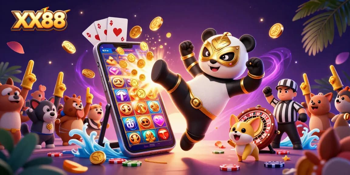 Join the excitement with XX88 as a panda and chihuahua referee celebrate a thrilling slot game!