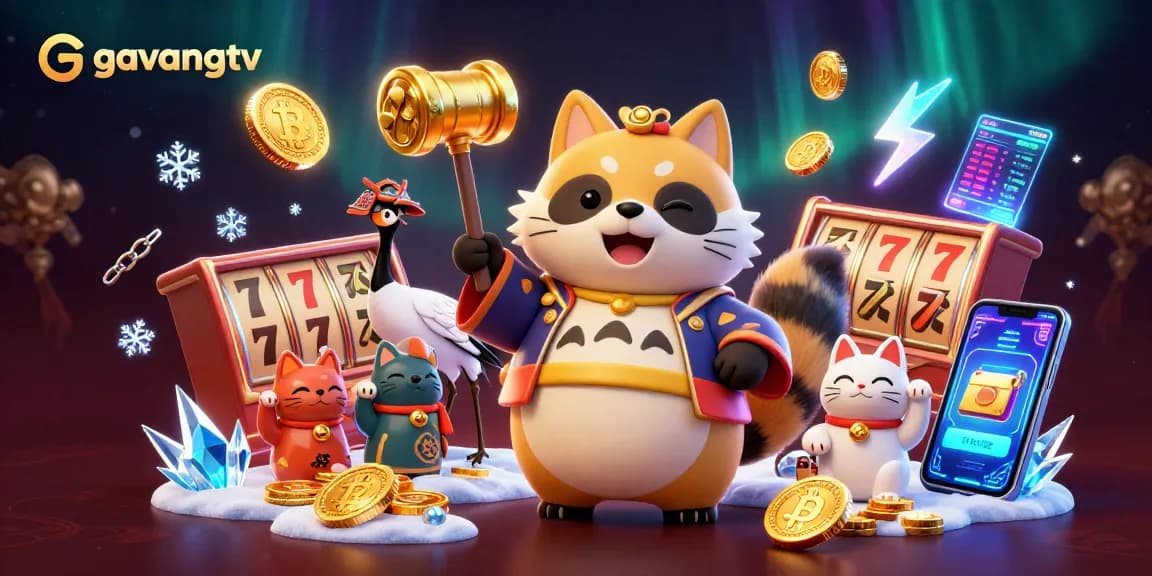 Spin the slots at gavangtv with a vibrant scene featuring lucky symbols and festive characters.