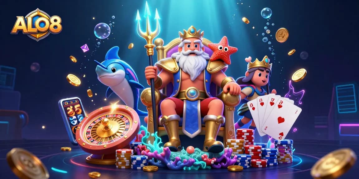 Experience the excitement at ALO8's vibrant casino featuring Neptune and treasure elements.
