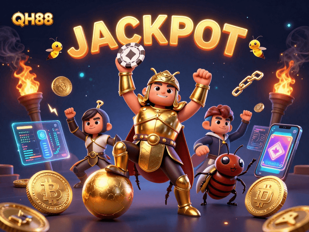 QH88 shines in this vibrant 3D illustration featuring a triumphant beetle and dynamic casino elements.
