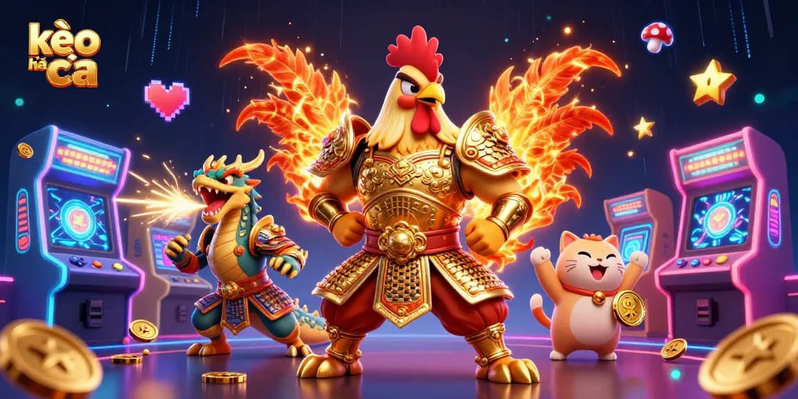 Engage with kèo nhà cái offerings featuring a rooster warrior and dragon hatchling in a vibrant gaming scene