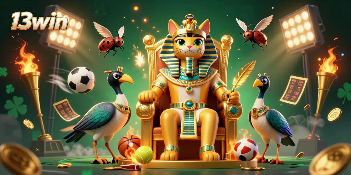 Engage in thrilling bets with 13win, featuring Egyptian characters and dynamic sports elements.