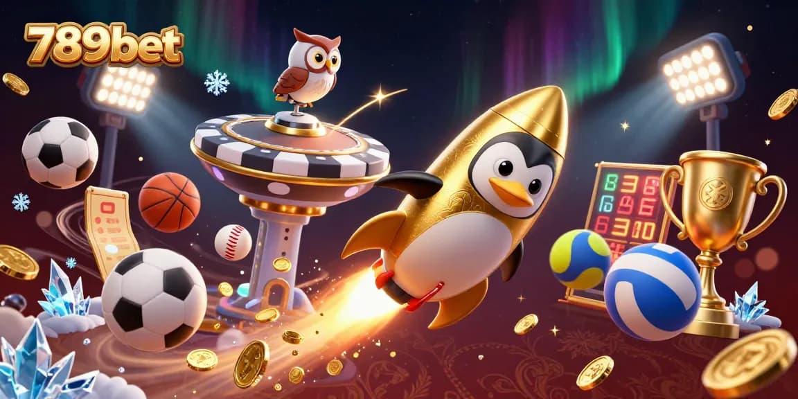 Engage with 789bet as a golden penguin jets to a casino space station amidst dynamic sports elements.