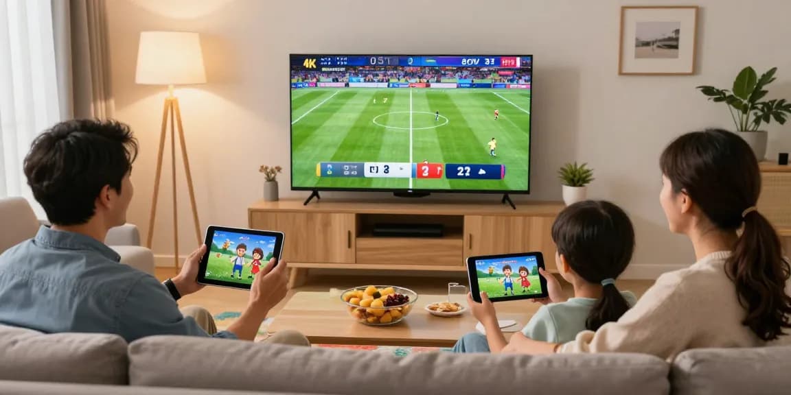 Family enjoying their IPTV subscription UK experience with live sports and animated shows.