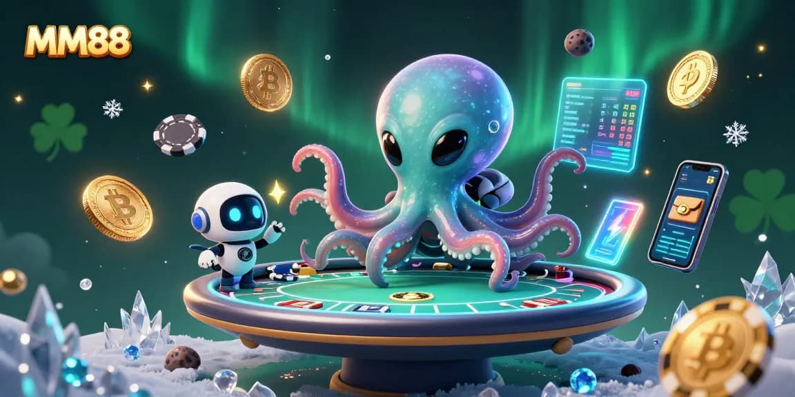 Experience thrilling poker with MM88, featuring a vibrant alien octopus and exciting cryptocurrency elements.