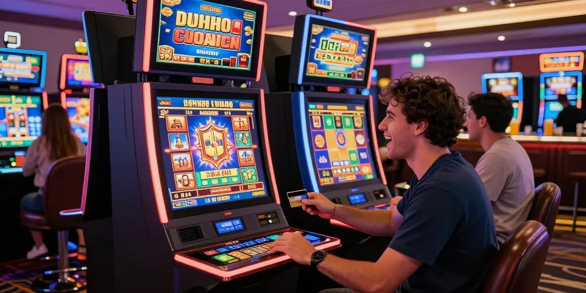 Player wins big at casinos that accept credit cards, surrounded by vibrant slot machines and digital displays.