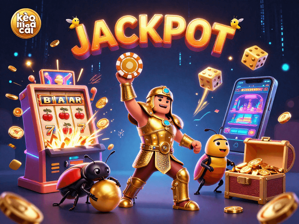 Engage with exciting kèo nhà cái scenes featuring a heroic beetle celebrating a jackpot in a vibrant casino atmosphere.