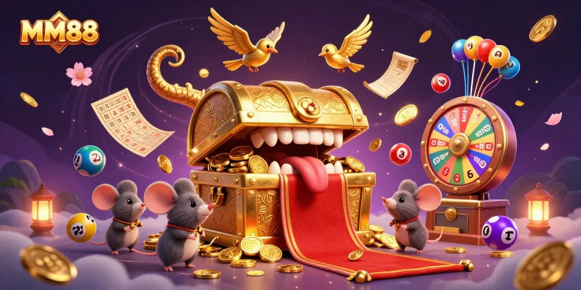 Engage in thrilling MM88 casino adventures with dynamic colorful lottery elements and a treasure-filled scene.