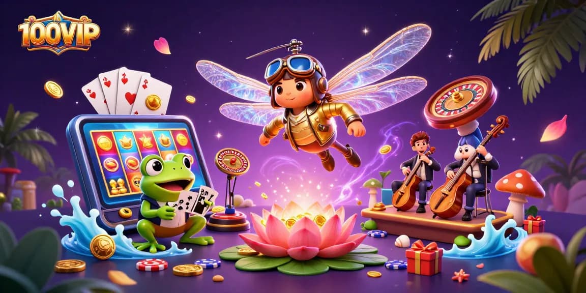 Engage in thrilling gaming at 100VIP's vibrant casino scene featuring dynamic characters and multiple games.