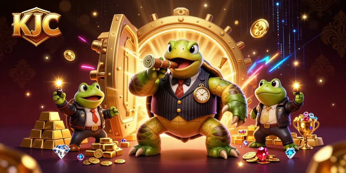 KJC showcases the vibrant essence of a casino with a turtle mobster and bullfrog enforcers amidst treasures.