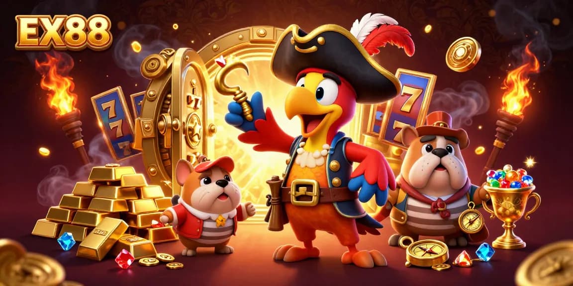 Join the adventure at EX88 with a pirate captain, bulldog, and cat amidst slot reels and treasures.