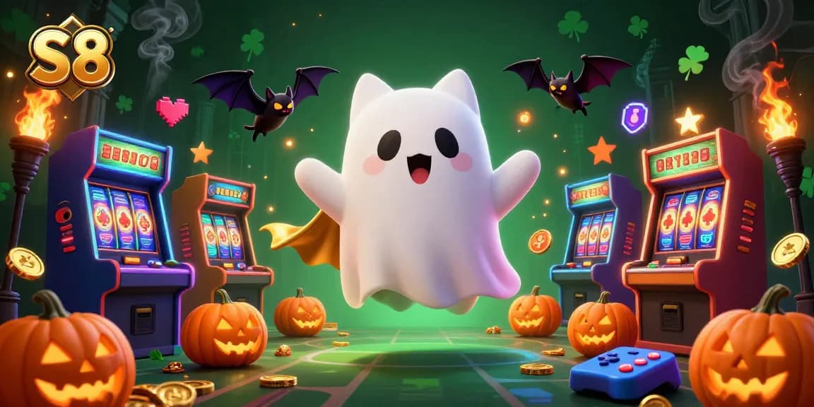 Experience the fun of the S8 casino with a ghost cat and bat, surrounded by vibrant game elements.