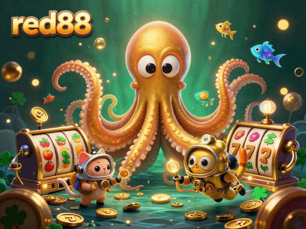 Experience the thrill of red88 in this dynamic casino scene with a kraken and vibrant slot elements.
