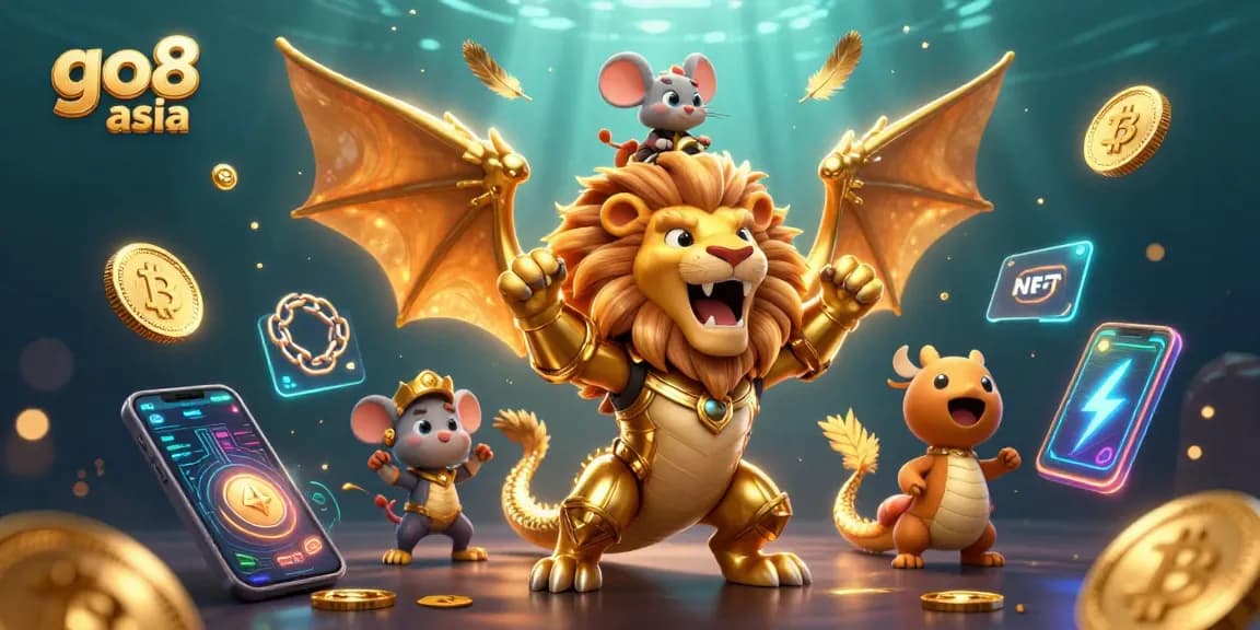Engage in thrilling action at go8 asia with a vibrant 3D casino scene featuring a chimera and crypto elements.